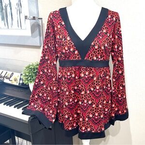 Large INC Print Top Blouse Red Black Sparkle Glitz